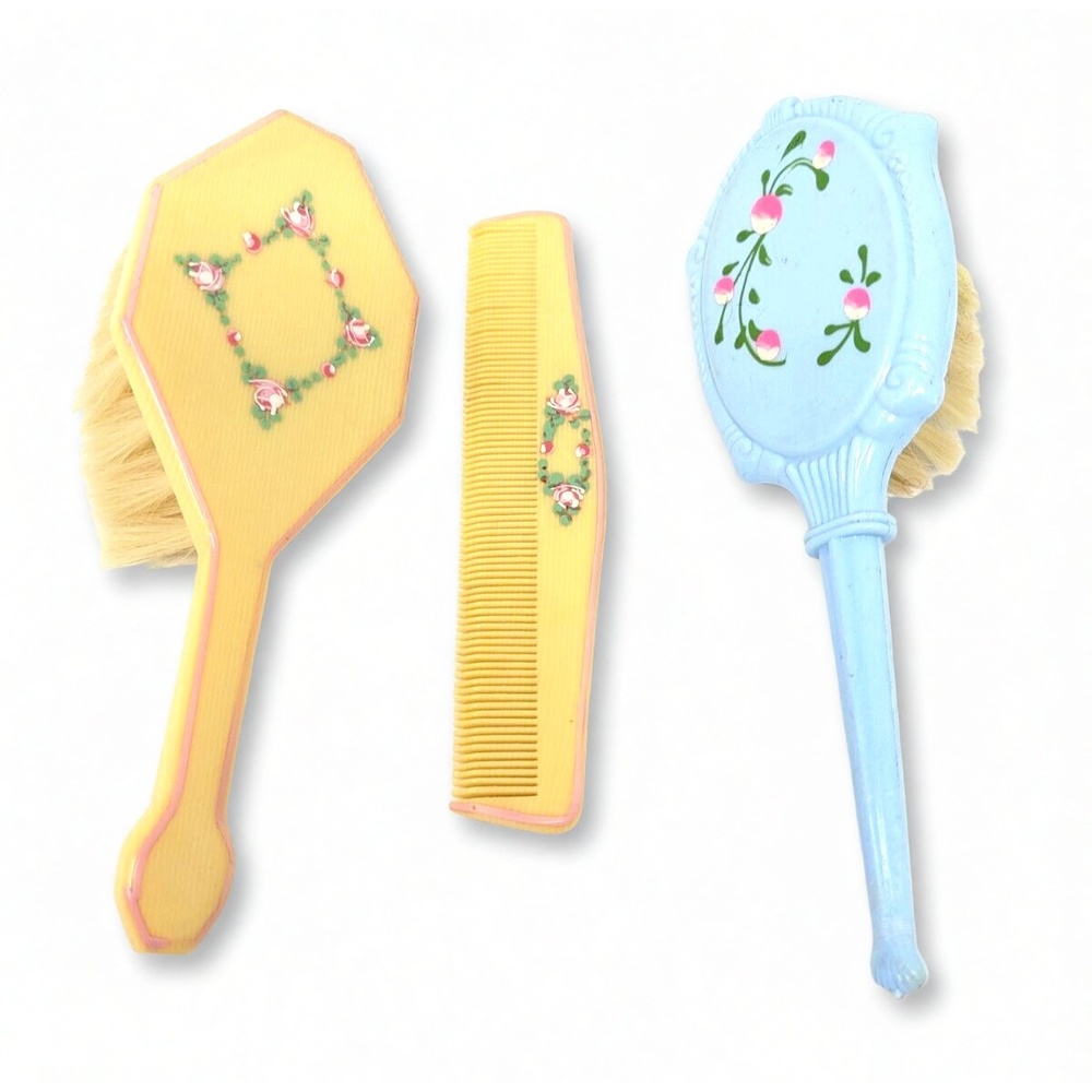 Unbranded 3pc Vanity Grooming Set Celluloid Floral Brush Comb Midcentury Cottage